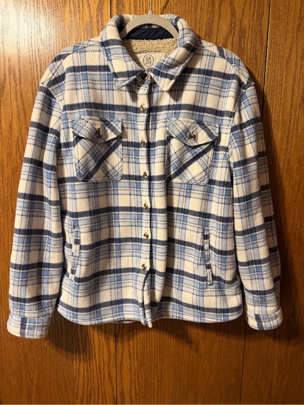 Sage Collective Blue Plaid Sherpa Lined Fleece Shacket Jacket Large